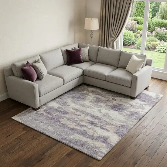 Purple And Ivory Abstract Washable Area Rug With UV Protection Photo 1