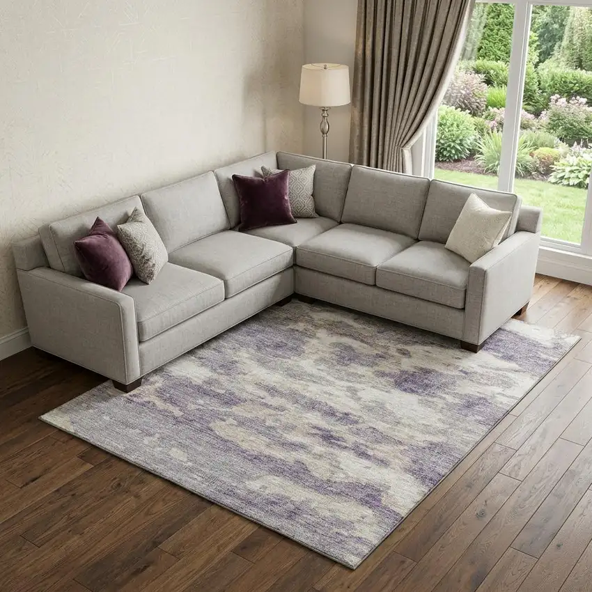 Purple And Ivory Abstract Washable Area Rug With UV Protection Photo 1