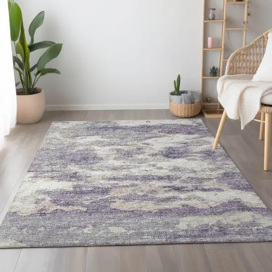 Purple And Ivory Abstract Washable Area Rug With UV Protection Photo 6