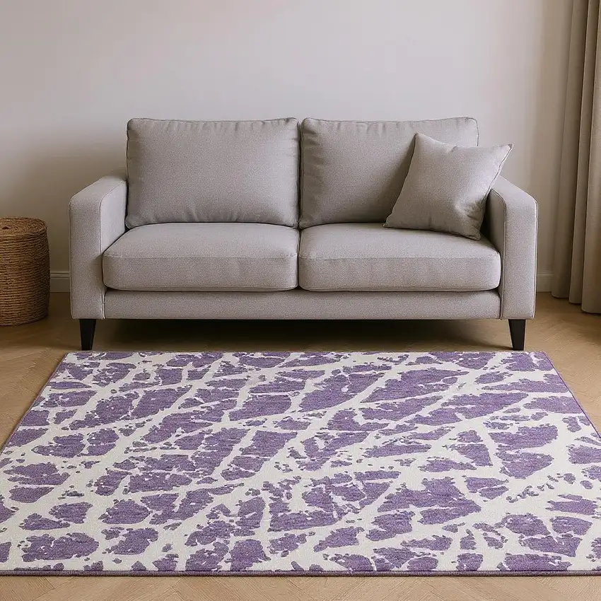 Purple And Ivory Abstract Washable Area Rug With UV Protection Photo 2