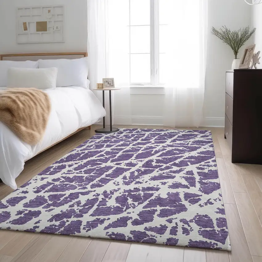 Purple And Ivory Abstract Washable Area Rug With UV Protection Photo 5