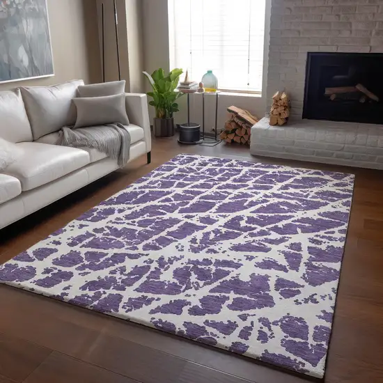 Purple And Ivory Abstract Washable Area Rug With UV Protection Photo 6