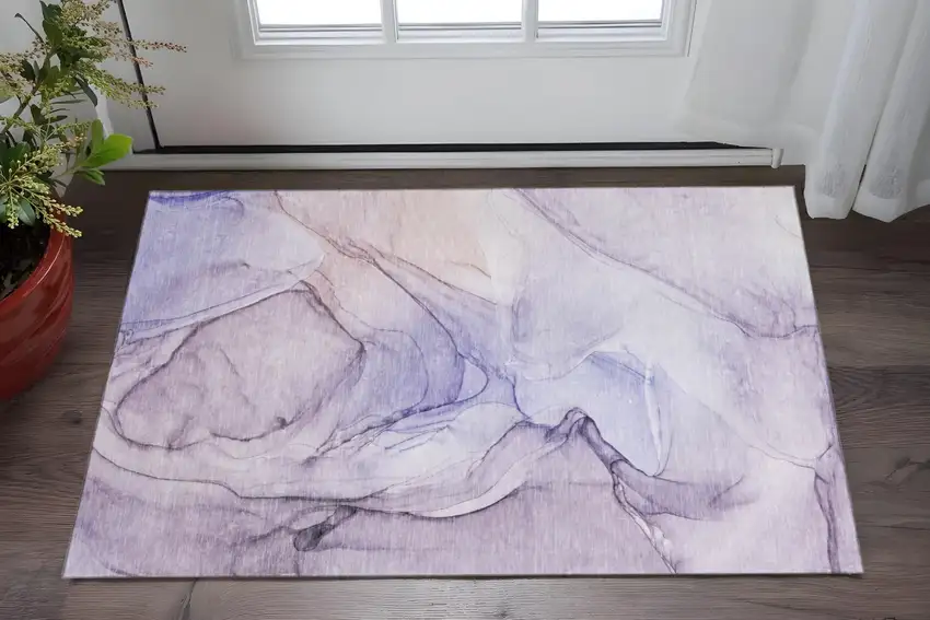 Purple And Ivory Abstract Washable Area Rug With UV Protection Photo 2