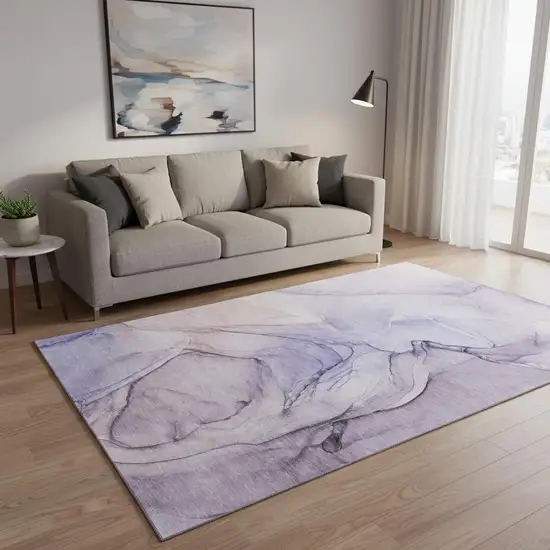 Purple And Ivory Abstract Washable Area Rug With UV Protection Photo 2