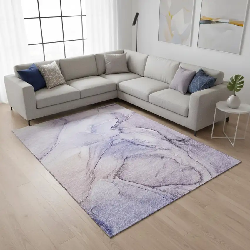 Purple And Ivory Abstract Washable Area Rug With UV Protection Photo 2