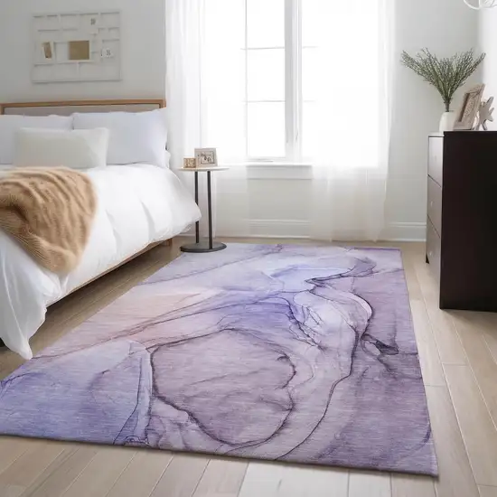 Purple And Ivory Abstract Washable Area Rug With UV Protection Photo 5