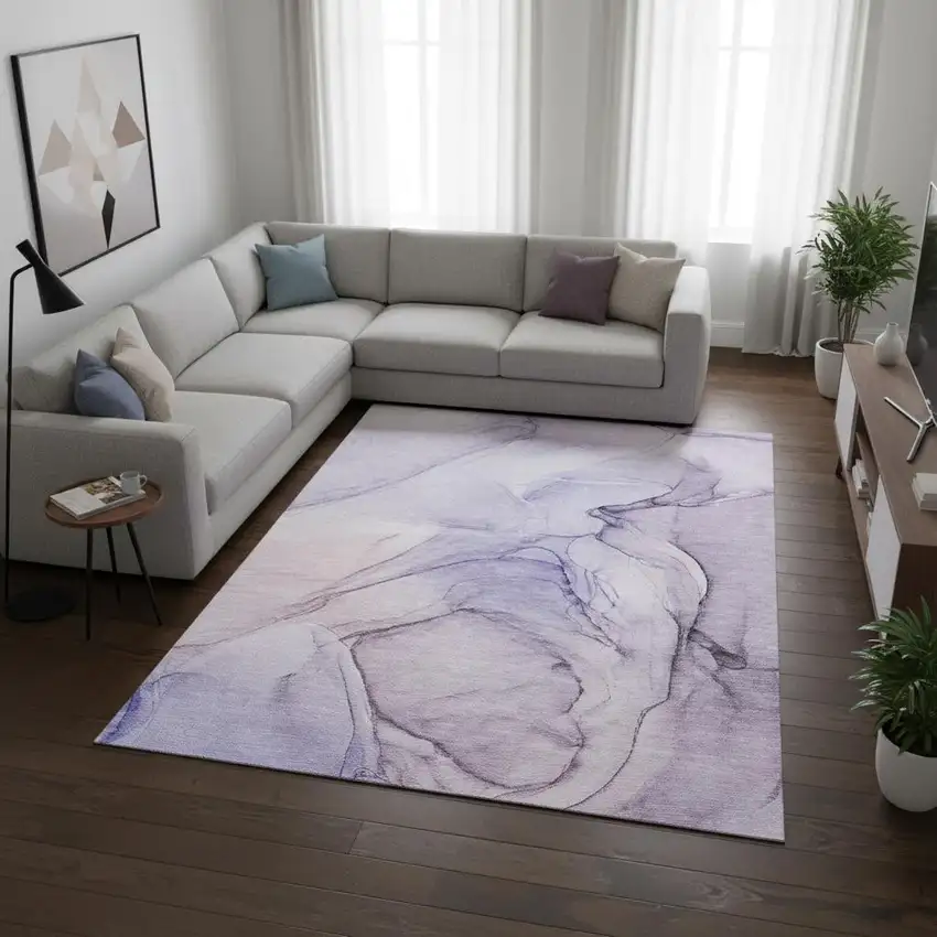 Purple And Ivory Abstract Washable Area Rug With UV Protection Photo 1