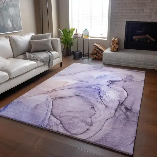 Purple And Ivory Abstract Washable Area Rug With UV Protection Photo 6