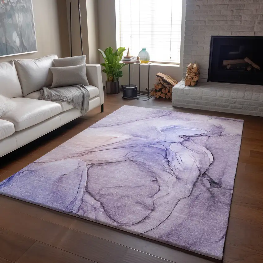 Purple And Ivory Abstract Washable Area Rug With UV Protection Photo 6