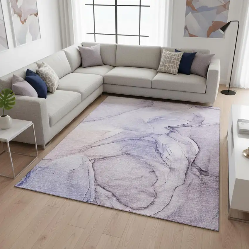 Purple And Ivory Abstract Washable Area Rug With UV Protection Photo 2