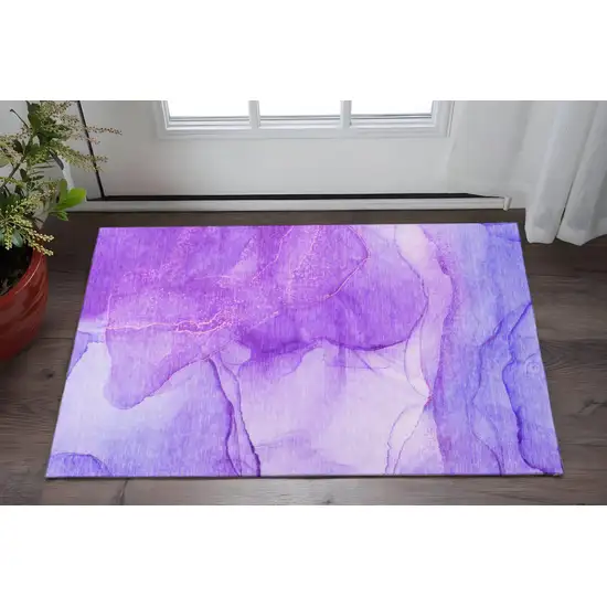 Purple And Ivory Abstract Washable Area Rug With UV Protection Photo 2