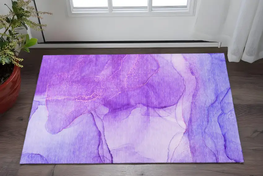 Purple And Ivory Abstract Washable Area Rug With UV Protection Photo 2