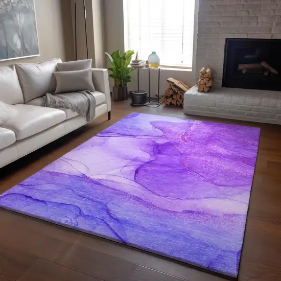 Purple And Ivory Abstract Washable Area Rug With UV Protection Photo 6