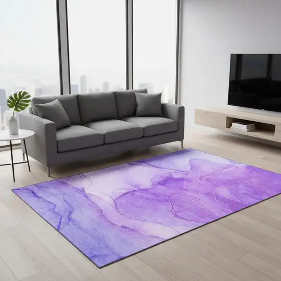 Purple And Ivory Abstract Washable Area Rug With UV Protection Photo 2