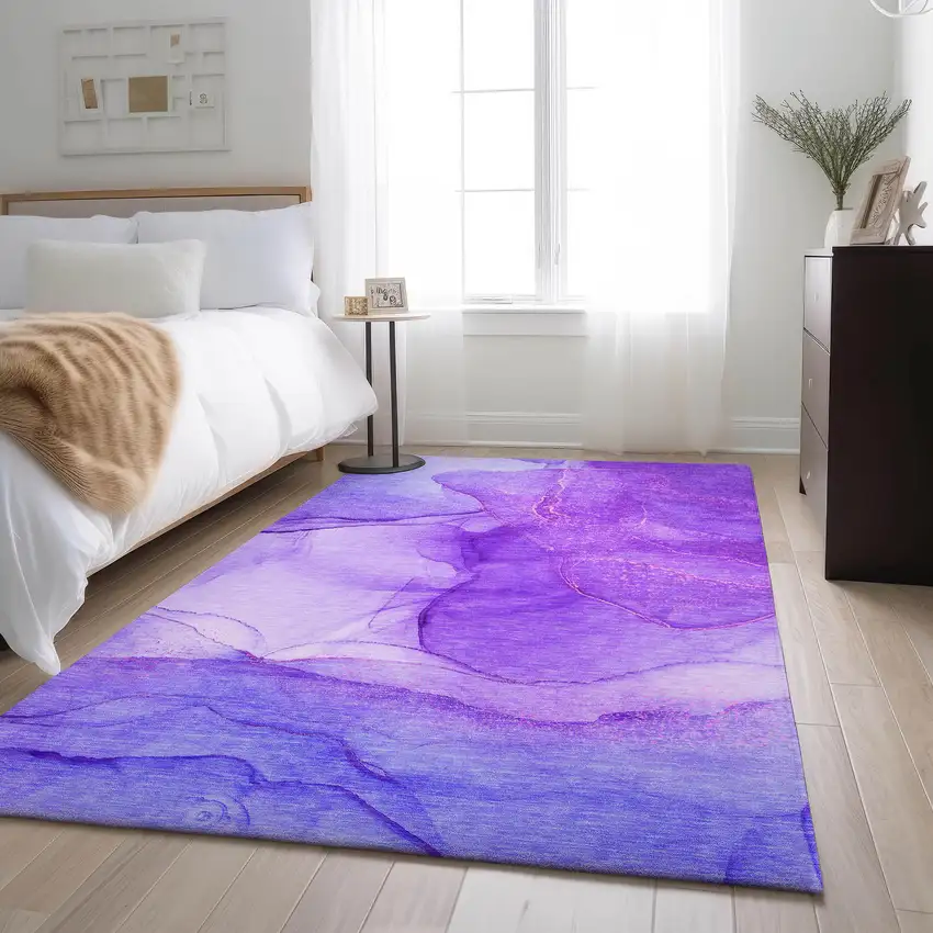 Purple And Ivory Abstract Washable Area Rug With UV Protection Photo 5