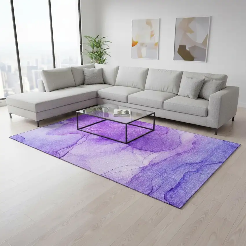 Purple And Ivory Abstract Washable Area Rug With UV Protection Photo 2