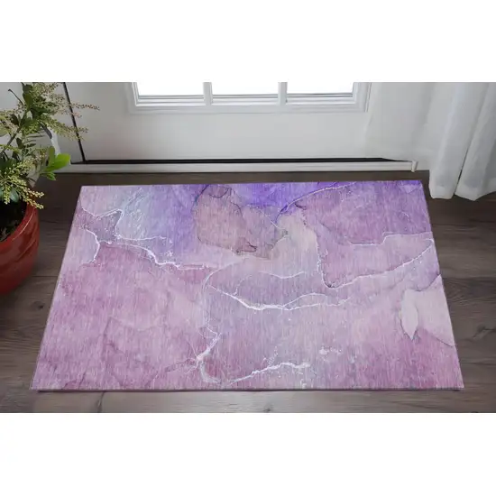 Purple And Ivory Abstract Washable Area Rug With UV Protection Photo 2