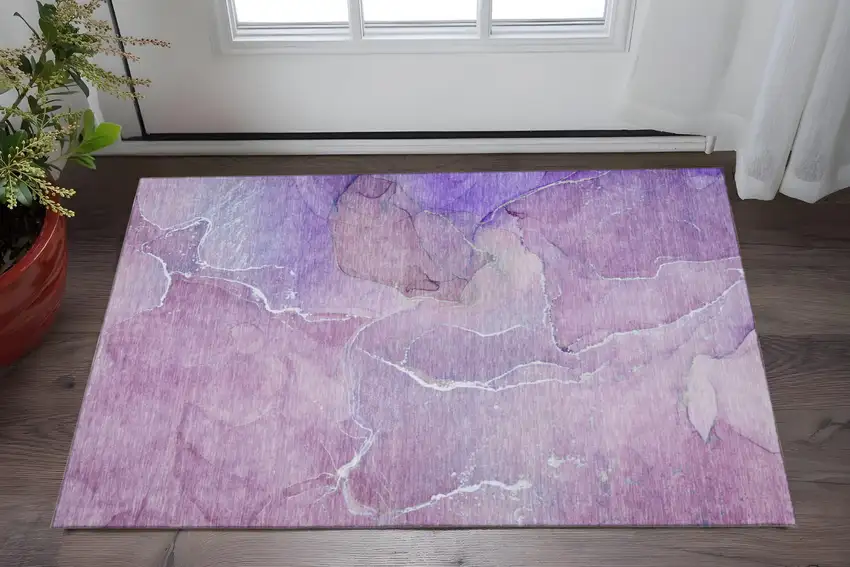 Purple And Ivory Abstract Washable Area Rug With UV Protection Photo 2