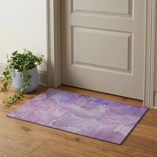 Purple And Ivory Abstract Washable Area Rug With UV Protection Photo 1