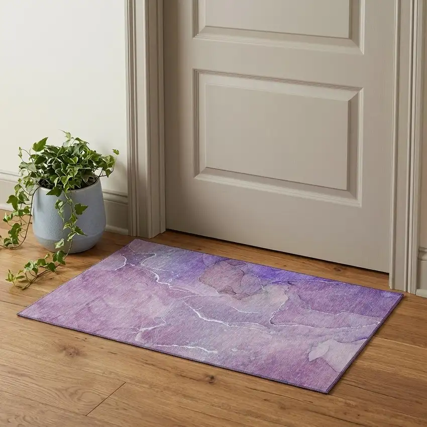 Purple And Ivory Abstract Washable Area Rug With UV Protection Photo 1