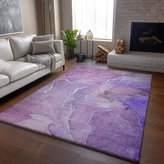 Purple And Ivory Abstract Washable Area Rug With UV Protection Photo 6