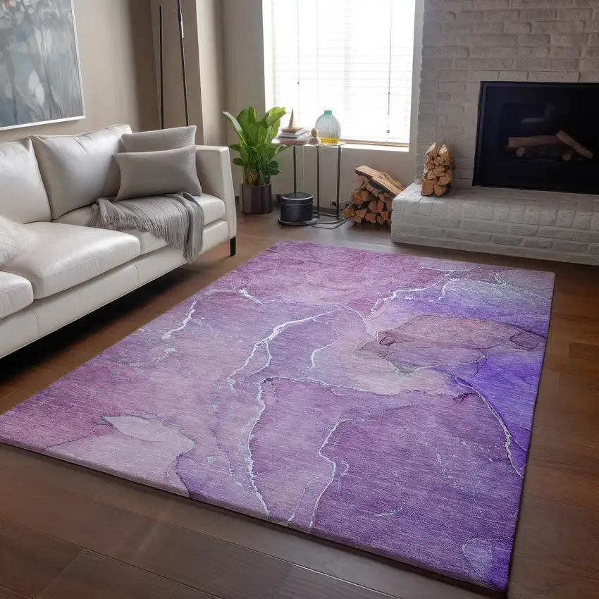 Purple And Ivory Abstract Washable Area Rug With UV Protection Photo 6