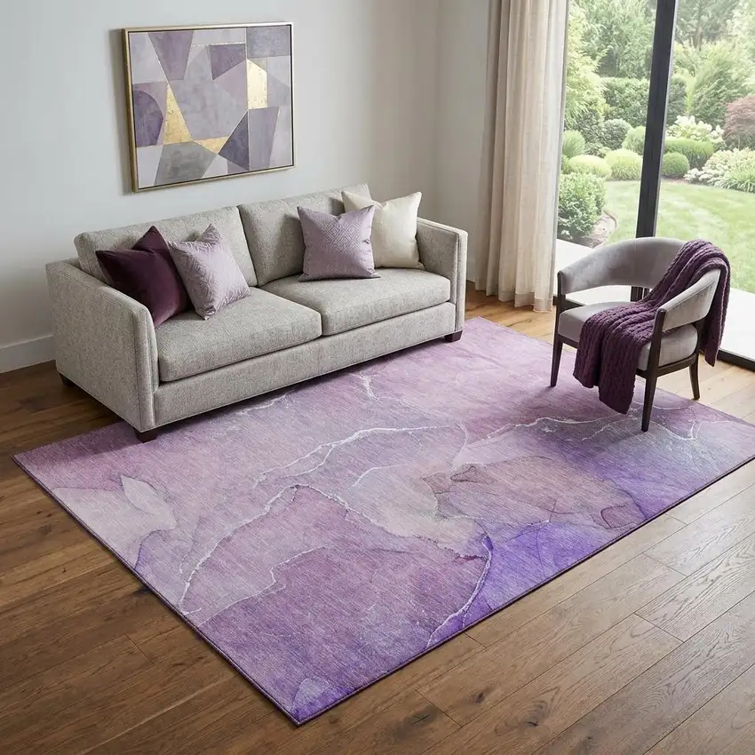 Purple And Ivory Abstract Washable Area Rug With UV Protection Photo 1