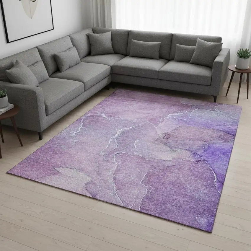 Purple And Ivory Abstract Washable Area Rug With UV Protection Photo 1