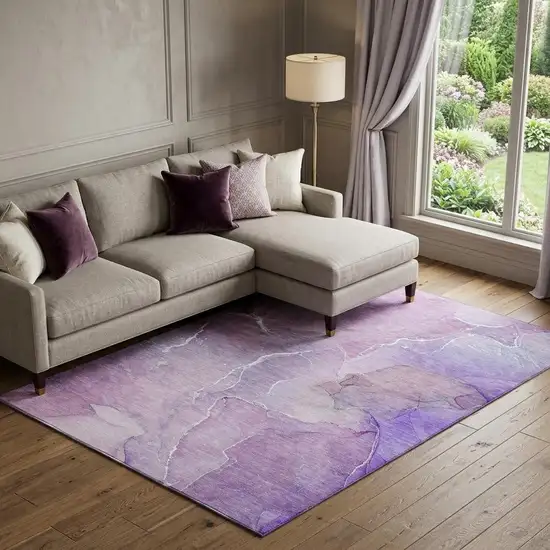Purple And Ivory Abstract Washable Area Rug With UV Protection Photo 1