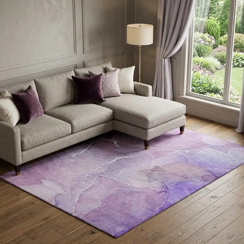 Purple And Ivory Abstract Washable Area Rug With UV Protection Photo 1