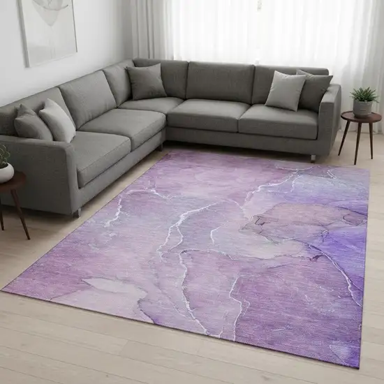 Purple And Ivory Abstract Washable Area Rug With UV Protection Photo 1