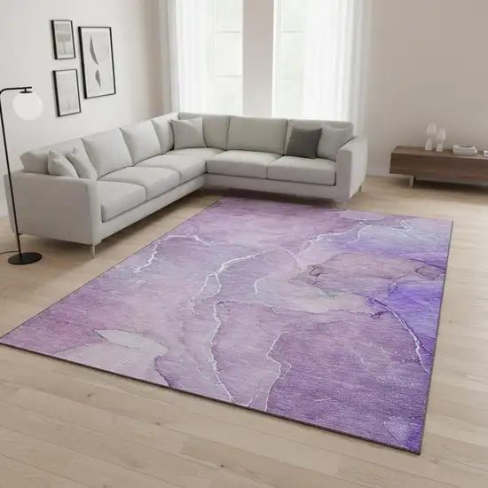 Purple And Ivory Abstract Washable Area Rug With UV Protection Photo 1