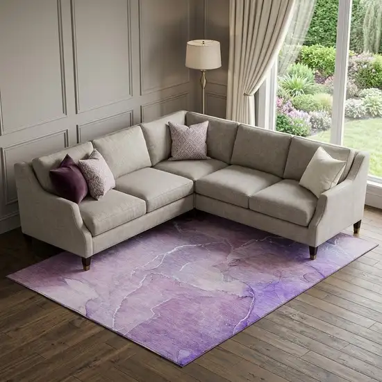 Purple And Ivory Abstract Washable Area Rug With UV Protection Photo 1