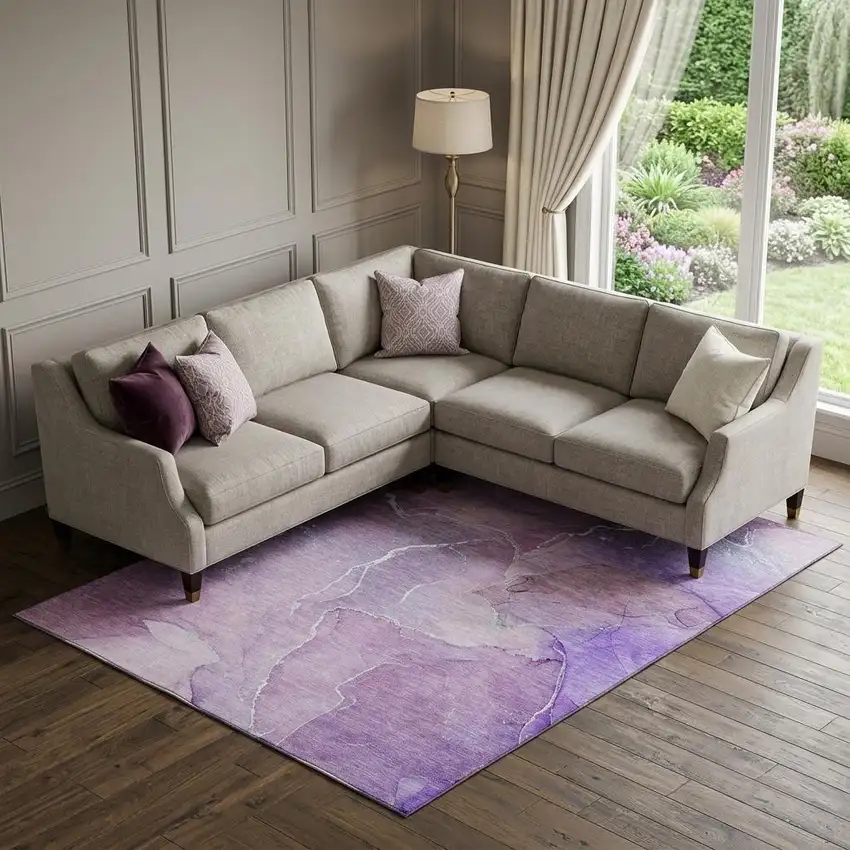 Purple And Ivory Abstract Washable Area Rug With UV Protection Photo 1