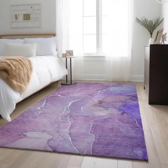 Purple And Ivory Abstract Washable Area Rug With UV Protection Photo 5