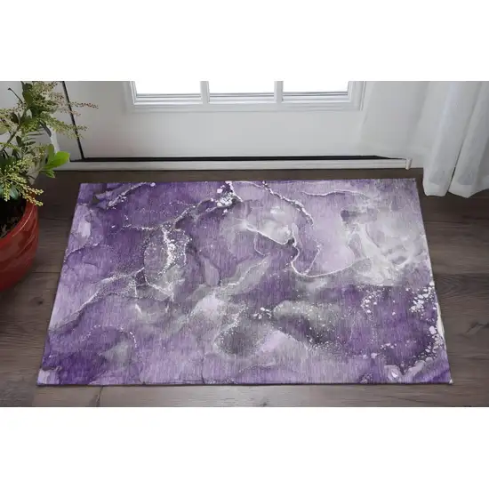 Purple And Ivory Abstract Washable Area Rug With UV Protection Photo 2
