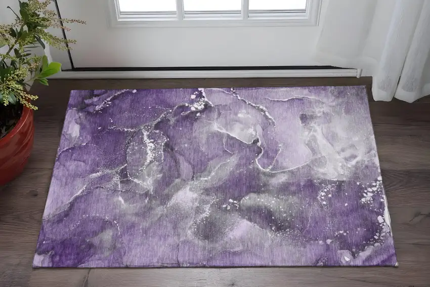 Purple And Ivory Abstract Washable Area Rug With UV Protection Photo 2