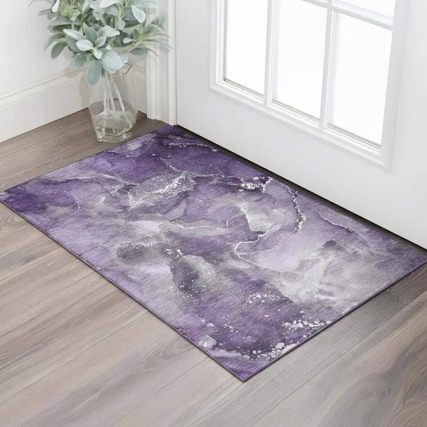 Purple And Ivory Abstract Washable Area Rug With UV Protection Photo 1