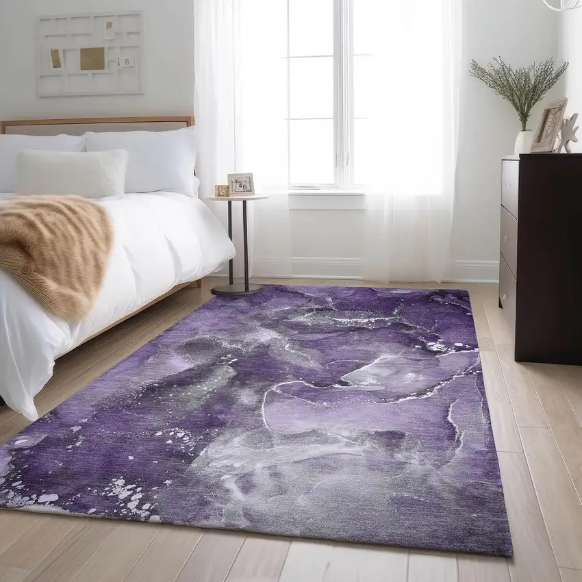 Purple And Ivory Abstract Washable Area Rug With UV Protection Photo 5