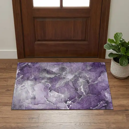 Purple And Ivory Abstract Washable Area Rug With UV Protection Photo 1