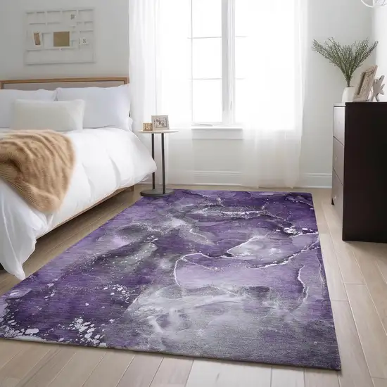 Purple And Ivory Abstract Washable Area Rug With UV Protection Photo 7