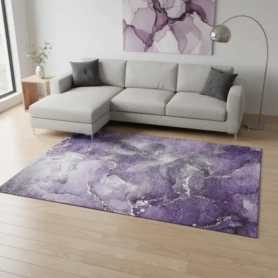 Purple And Ivory Abstract Washable Area Rug With UV Protection Photo 2