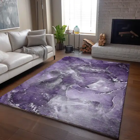 Purple And Ivory Abstract Washable Area Rug With UV Protection Photo 9