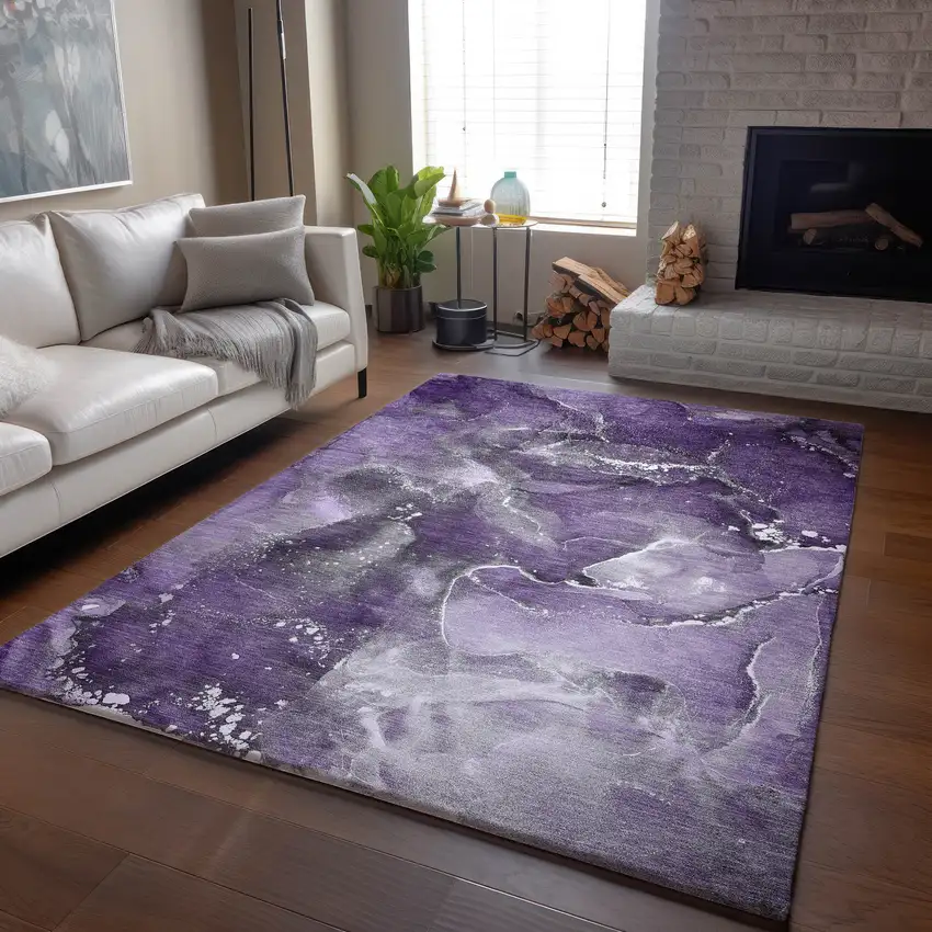 Purple And Ivory Abstract Washable Area Rug With UV Protection Photo 9