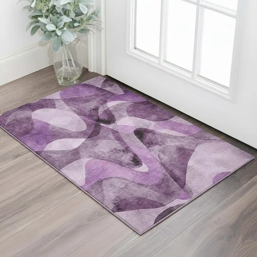 Purple And Ivory Abstract Washable Area Rug With UV Protection Photo 2