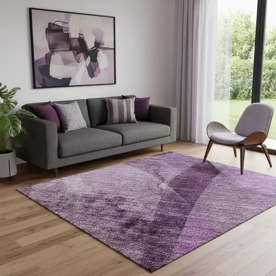 Purple And Ivory Abstract Washable Area Rug With UV Protection Photo 1