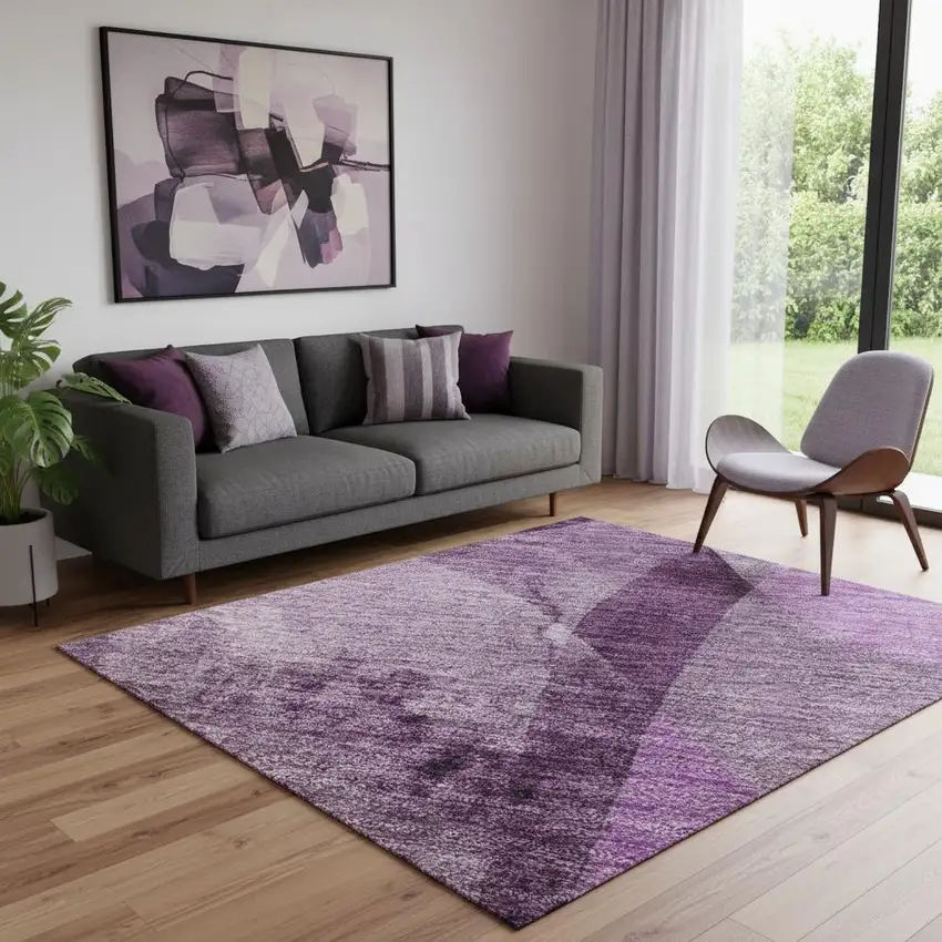 Purple And Ivory Abstract Washable Area Rug With UV Protection Photo 1