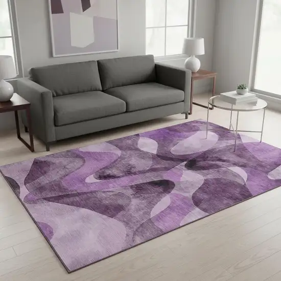 Purple And Ivory Abstract Washable Area Rug With UV Protection Photo 2