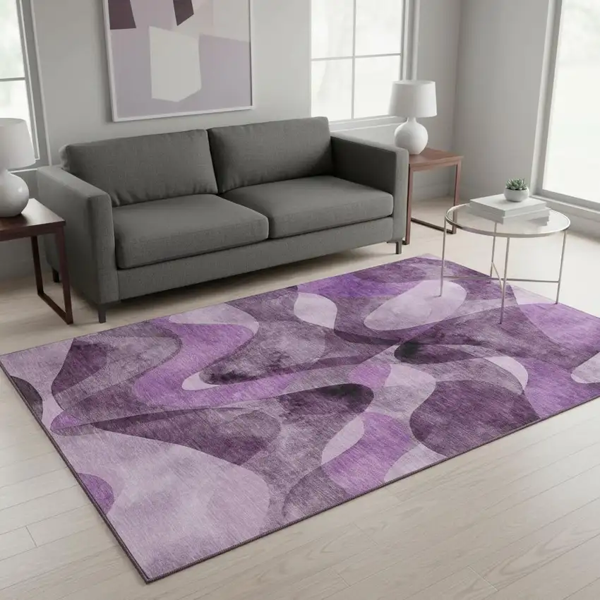 Purple And Ivory Abstract Washable Area Rug With UV Protection Photo 2