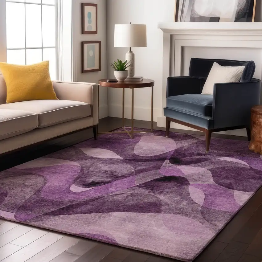 Purple And Ivory Abstract Washable Area Rug With UV Protection Photo 5